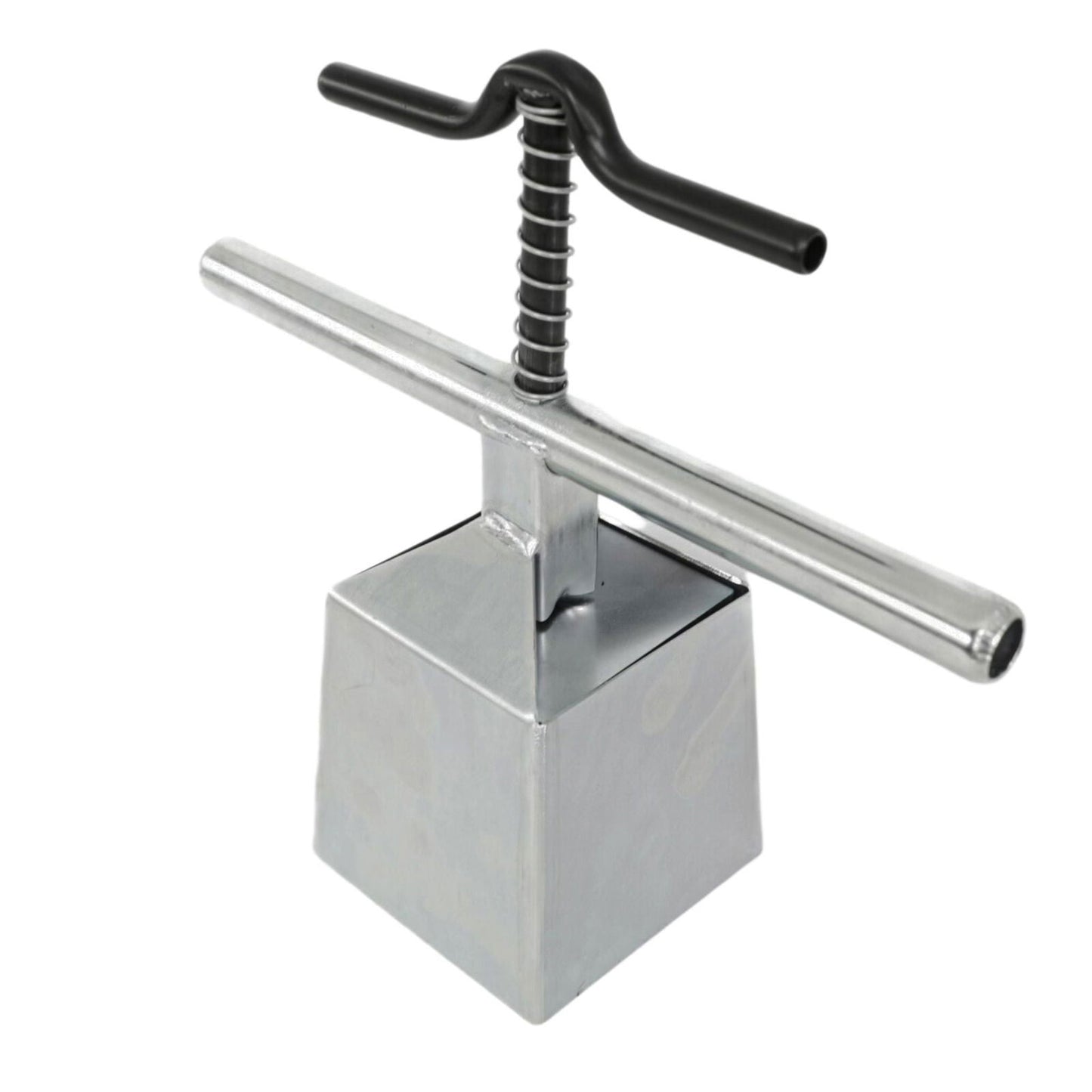 Metal hand-crank clamp with a cubic base, a black handle, and a coiled spring mechanism
