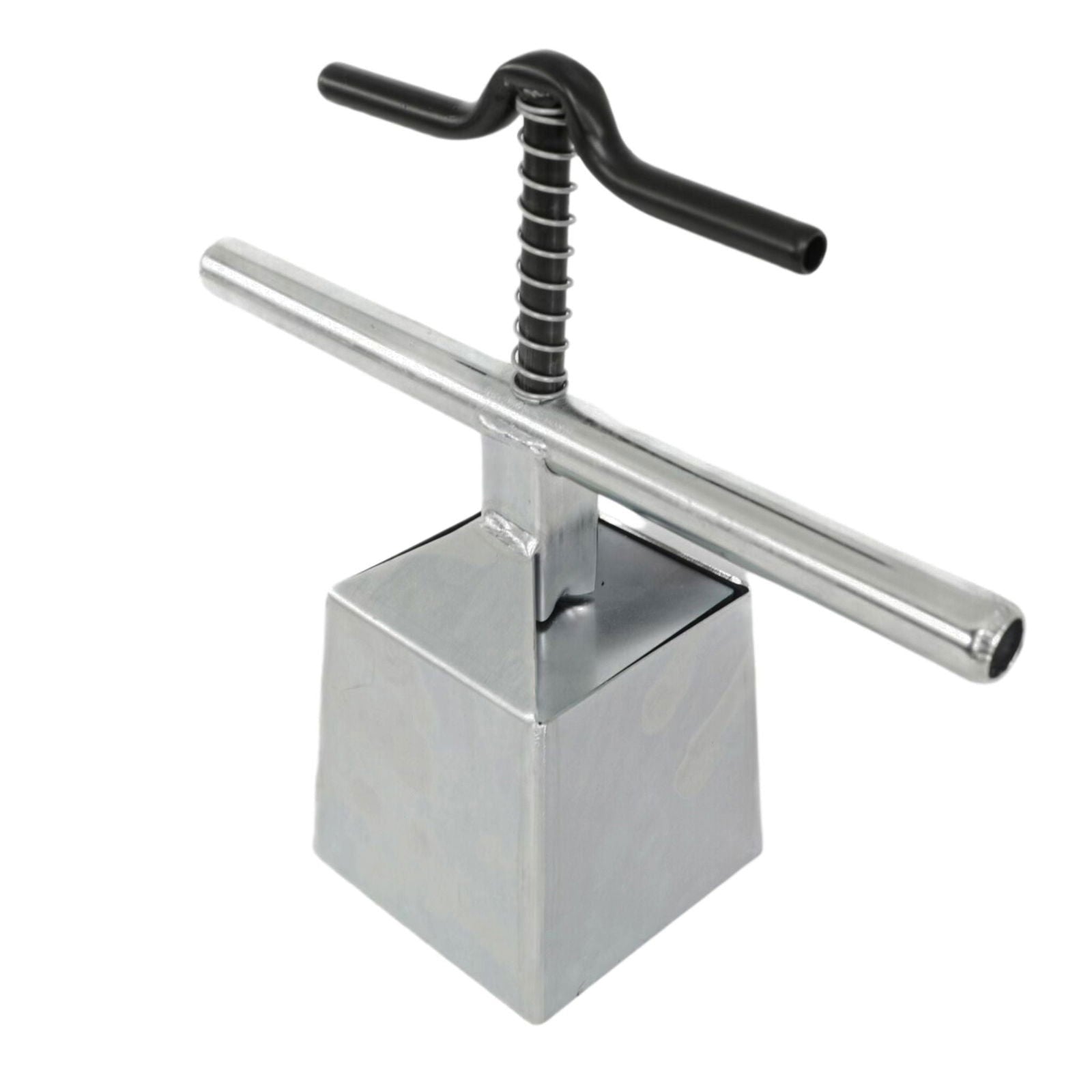 Metal hand-crank clamp with a cubic base, a black handle, and a coiled spring mechanism

