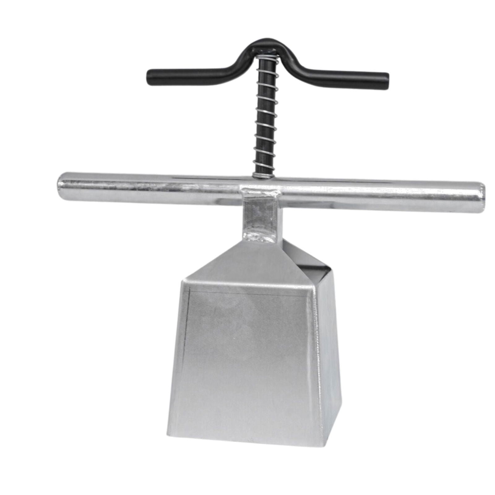Metal tool with a black handle and spring mechanism showing a metallic grey body and a unique pyramidal shape

