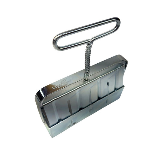 Ladbroke metal rectangular food mold with a spring-loaded handle showing five individual compartments for creating uniform portions shiny chrome finish and engraved branding
