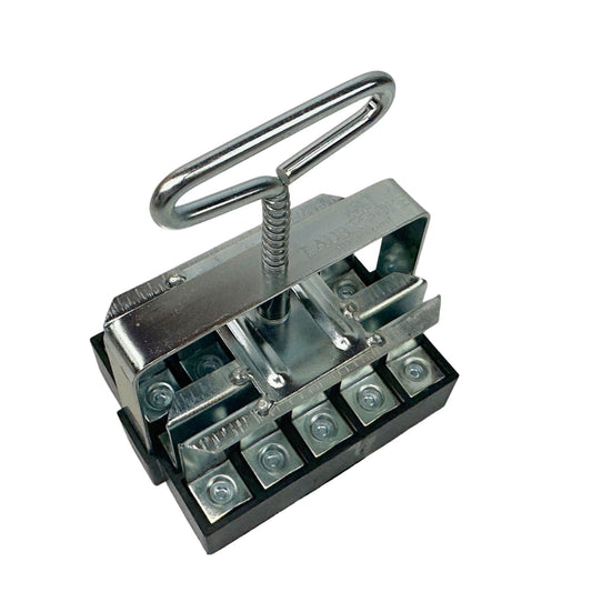 Metal Ladder Rack fuse holder featuring a sturdy black base six individual fuse slots and a zinc-plated handle with a spring mechanism