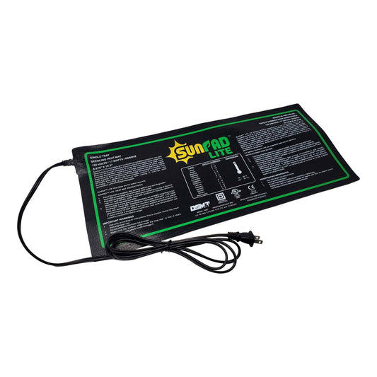 DSMT SunPad Lite seedling heat mat, 8.875 x 19.5 inches, shows temperature settings for various plants, featuring a black heating surface, green logo, and a black power cord.
