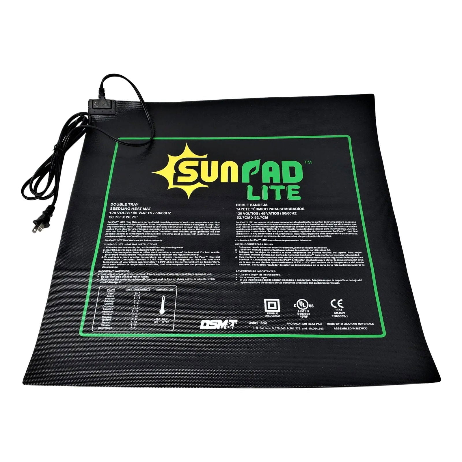 DSMT Propagaion Heat Pad, a double tray seedling heat mat showing electrical cord, UL listing, and green and yellow logo details
