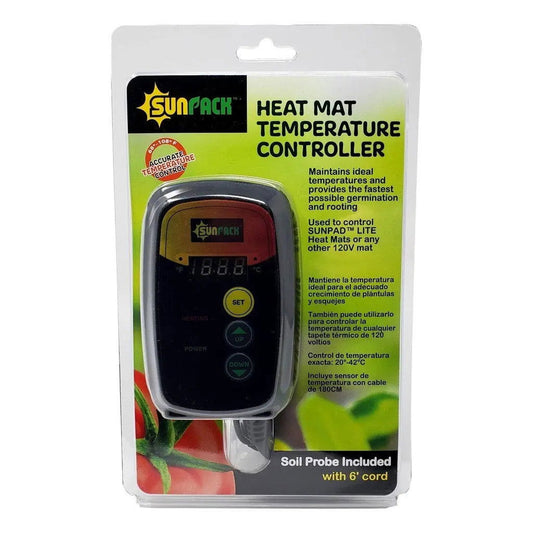 A packaged Bootstrap Farmer Seedling Heat Mat Temperature Controller with digital display is shown. The box highlights digital soil temperature control, includes a soil probe and a 6-foot cord—ideal for use with your seedling heat mat.
