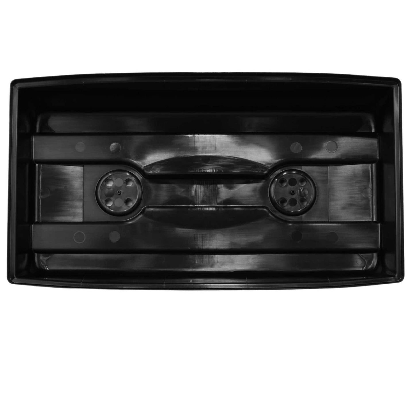 The Bootstrap Farmer 1020 Blackout Humidity Dome is a black rectangular plastic tray with two circular drainage holes and multiple interior ridges and indentations, designed to fit a standard 1020 tray dome.
