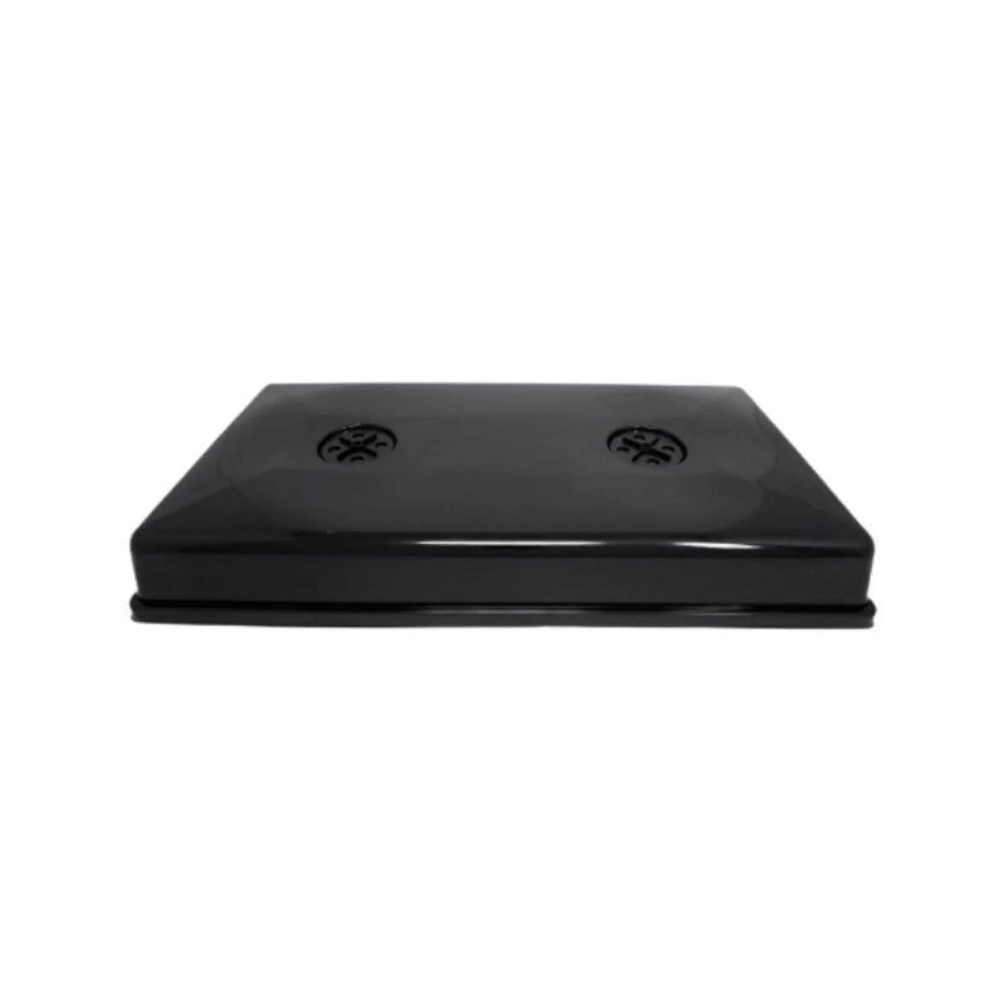 The Bootstrap Farmer 1020 Blackout Humidity Dome is a black, rectangular plastic dome with extra strength and two circular ventilation holes on top, shown against a white background.