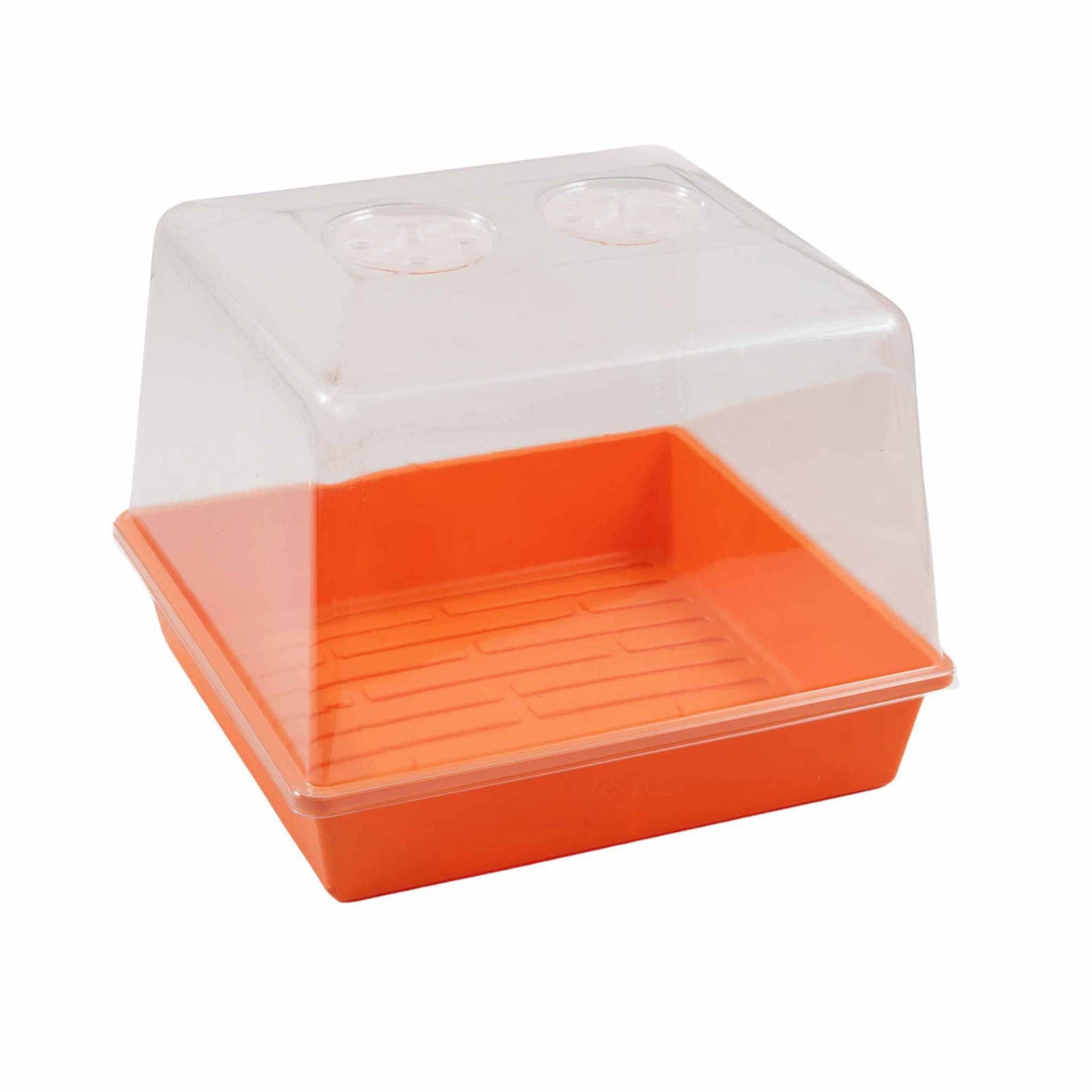 Plastic propagation tray with clear dome lid showing vibrant orange base and ribbed interior ideal for seed starting
