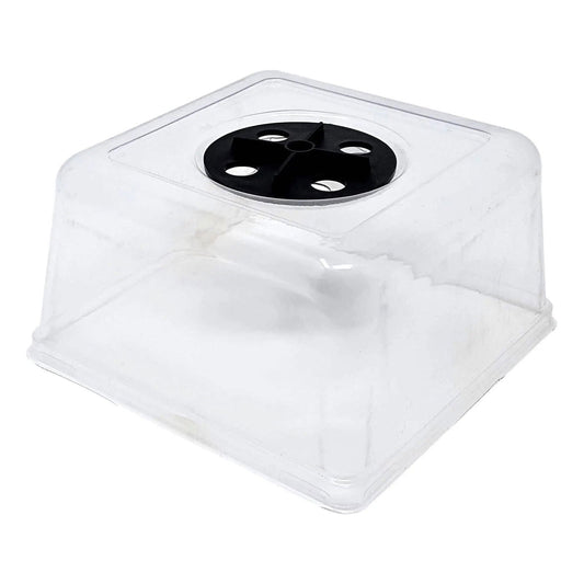 Plastic propagation dome with a clear square design featuring a black vented lid showing a slightly dirty interior and clear thick edges
