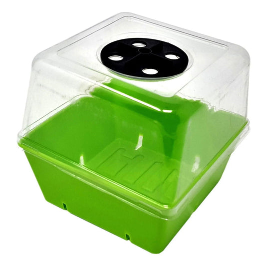 The Bootstrap Farmer 5x5 Plant Humidity Dome is a small green plastic seed propagator with a transparent lid and black circular vent, ideal for starting seeds or growing seedlings and microgreens indoors.