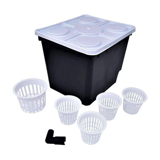Plastic hydroponic system with a black reservoir, white lid, and five white net pots, featuring a black elbow connector and a central water inlet
