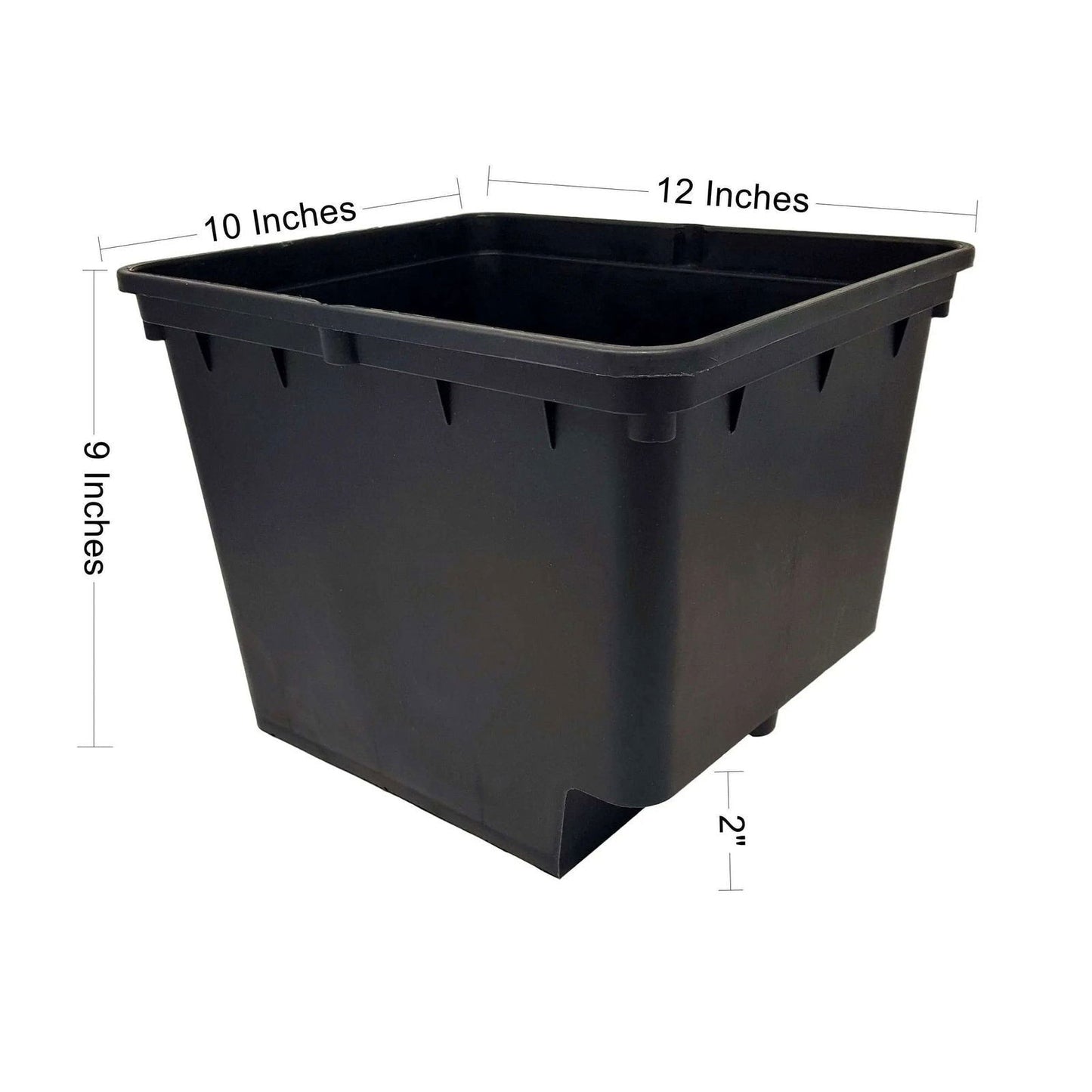 Product shot of a black plastic rectangular planter showing dimensions 10x12x9 inches with a 2-inch base featuring a slightly raised rim and subtle molding details