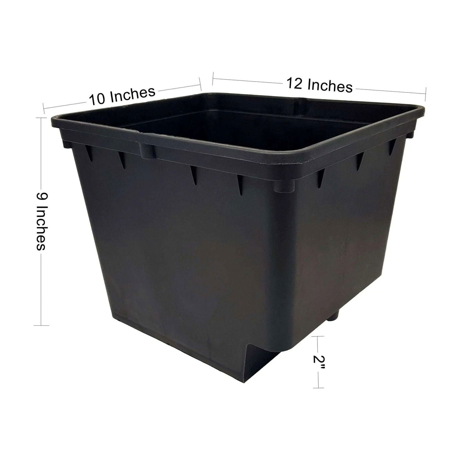 Product shot of a black plastic rectangular planter showing dimensions 10x12x9 inches with a 2-inch base featuring a slightly raised rim and subtle molding details