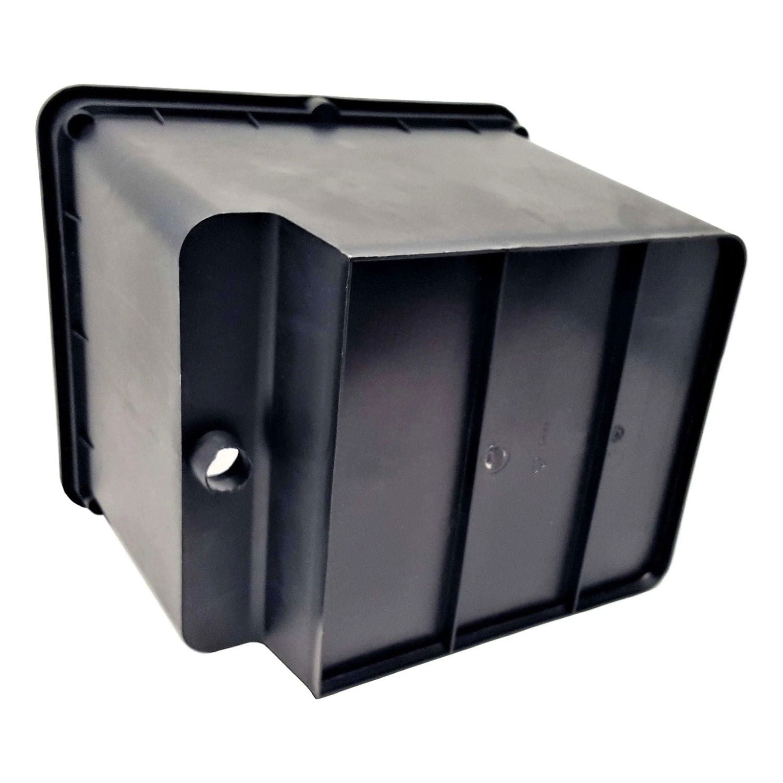 Plastic black rectangular storage container showing a side profile with three indented lines and a small hole.
