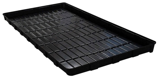 The Bootstrap Farmer Grow Rack Flood Tray, 4'x8' pallet size, is a large black plastic tray with raised edges and a grid-patterned bottom, perfect for vertical propagation or microgreens. Shown angled on a white background.