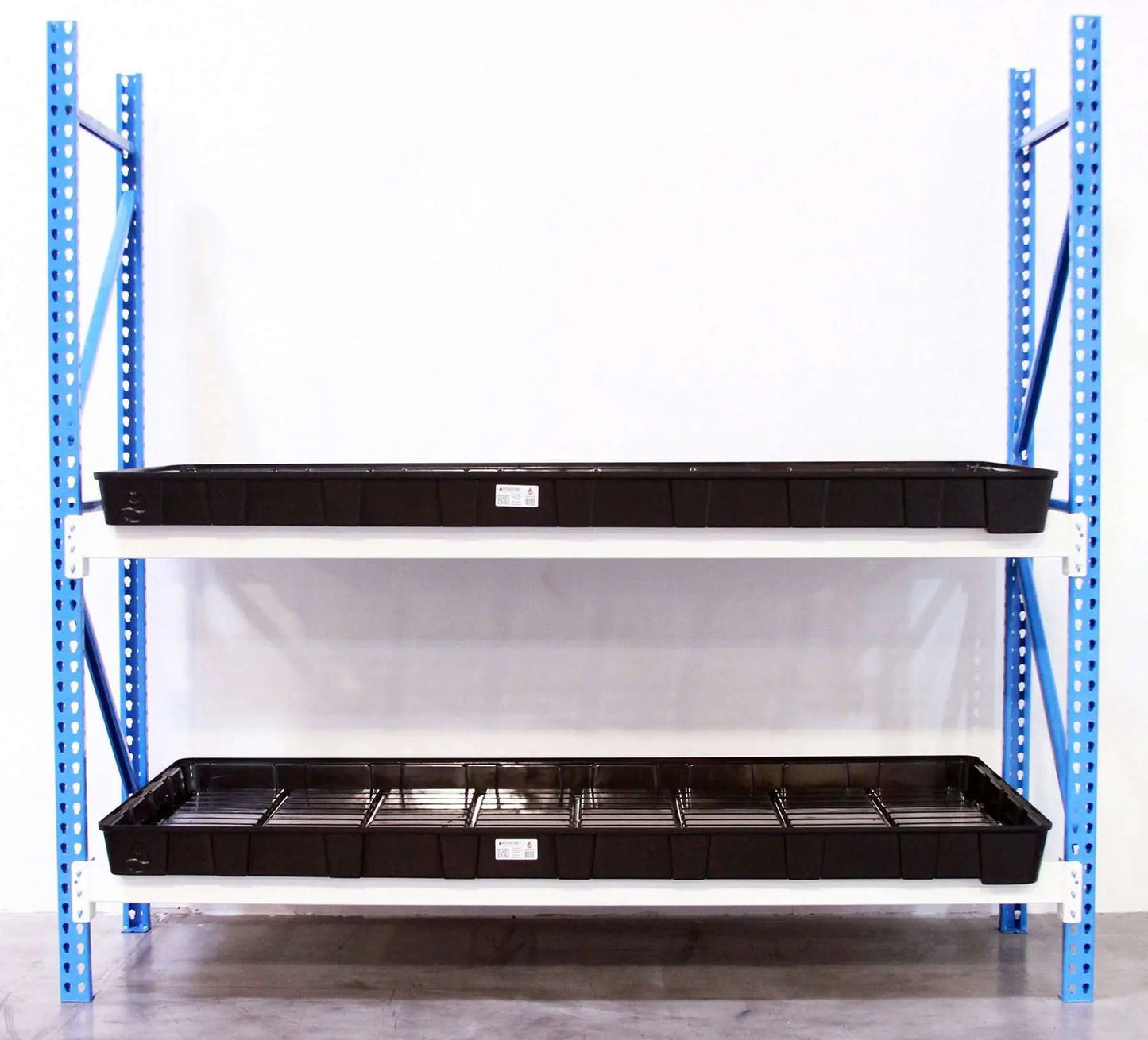 A metal shelving unit with blue uprights holds two white shelves, each supporting a Bootstrap Farmer Grow Rack Flood Tray—4'x8' Pallet—against a plain white wall, perfect for vertical microgreen propagation.