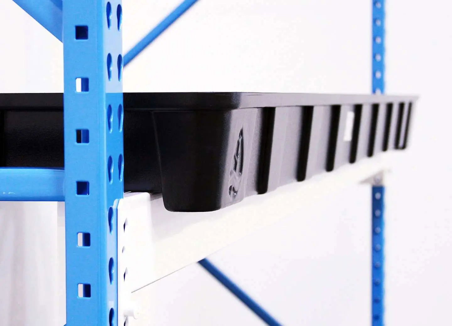 Close-up of a blue metal shelf holding a Bootstrap Farmer Grow Rack Flood Tray – 4'x8' Pallet with raised edges. The plain white background highlights the sturdy structure, ideal for vertical propagation or microgreen production.