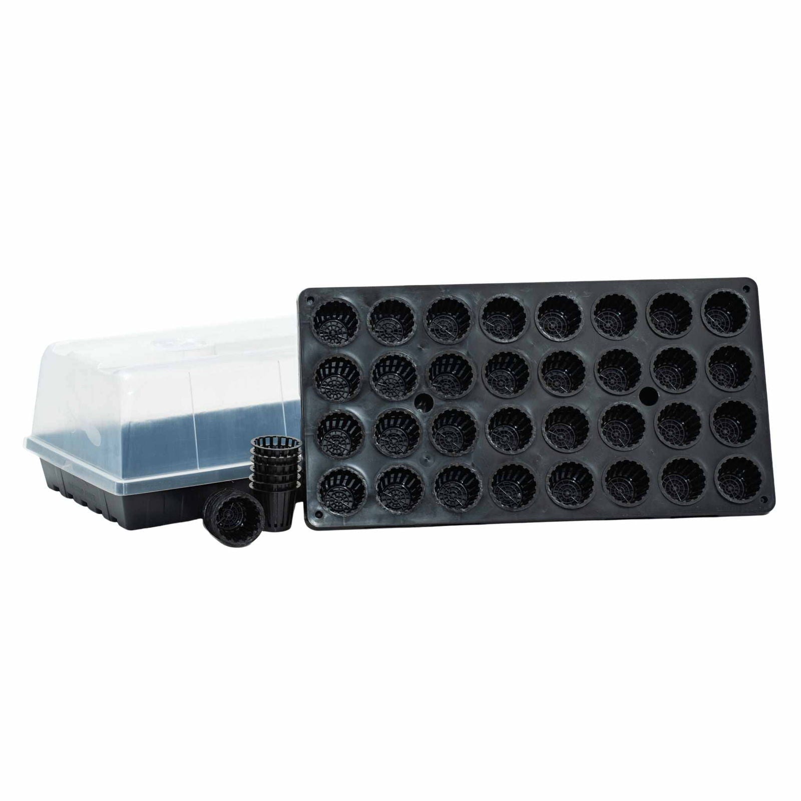 Plastic propagation kit showing a clear plastic propagator dome a black plastic seed tray with 30 net pots and several extra net pots some stacked some loose showcasing ribbed detailing and a vented lid
