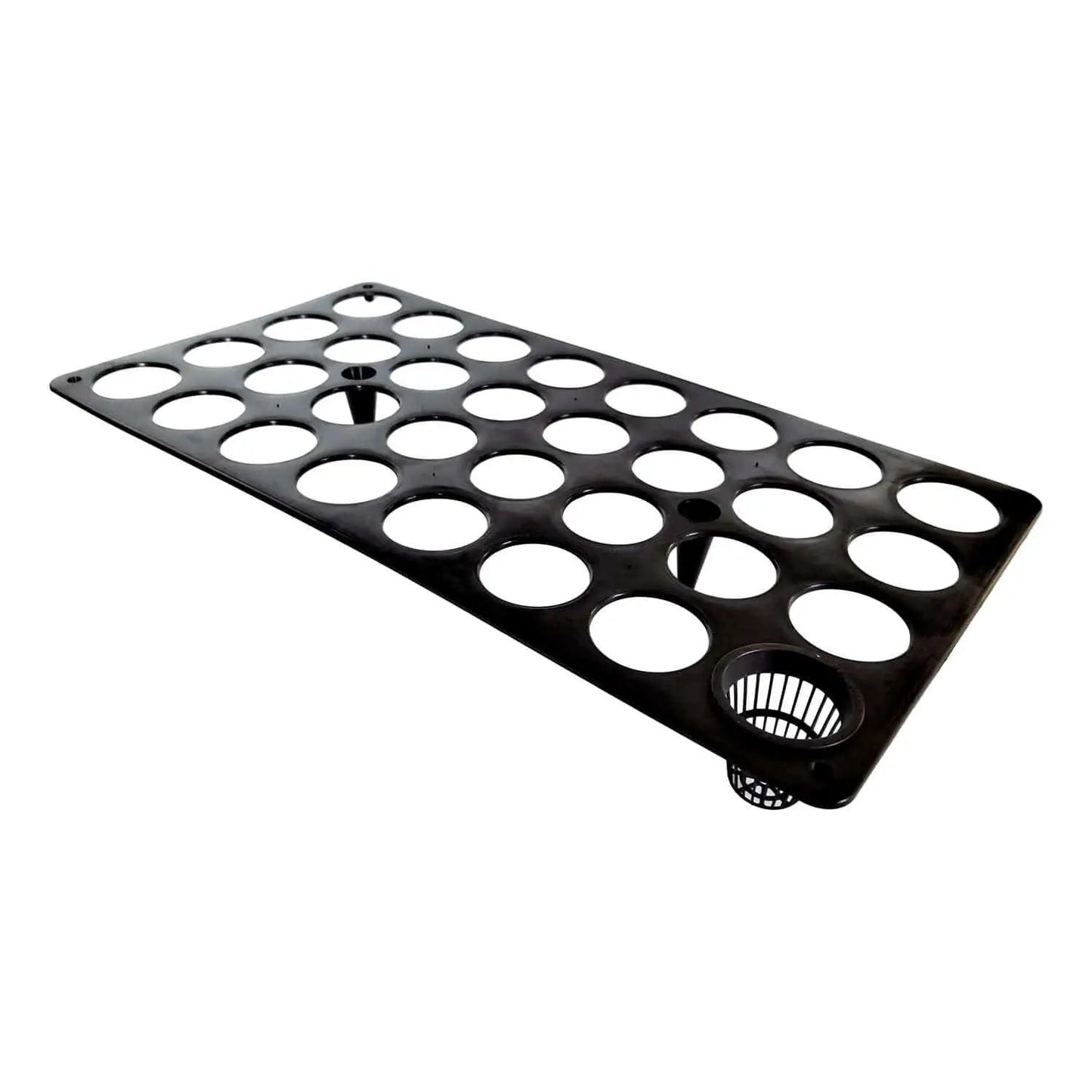 Plastic hydroponic planting tray with twenty-four circular holes and a small net cup showing a black rectangular design and two central posts for support
