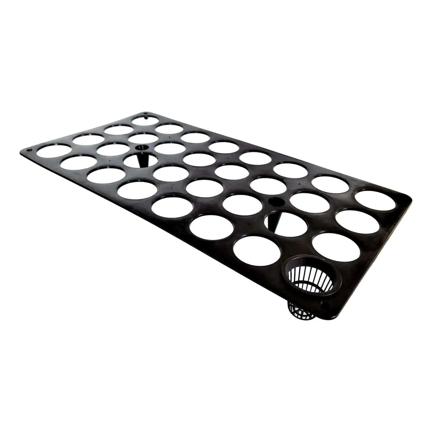 Plastic hydroponic planting tray with twenty-four circular holes and a small net cup showing a black rectangular design and two central posts for support

