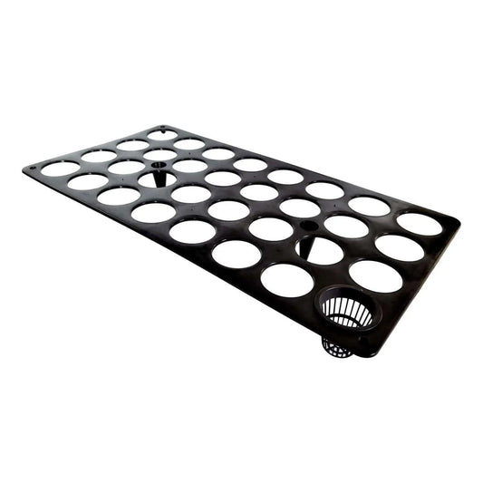 Plastic hydroponic planting tray with twenty-four circular holes and a small net cup showing a black rectangular design and two central posts for support
