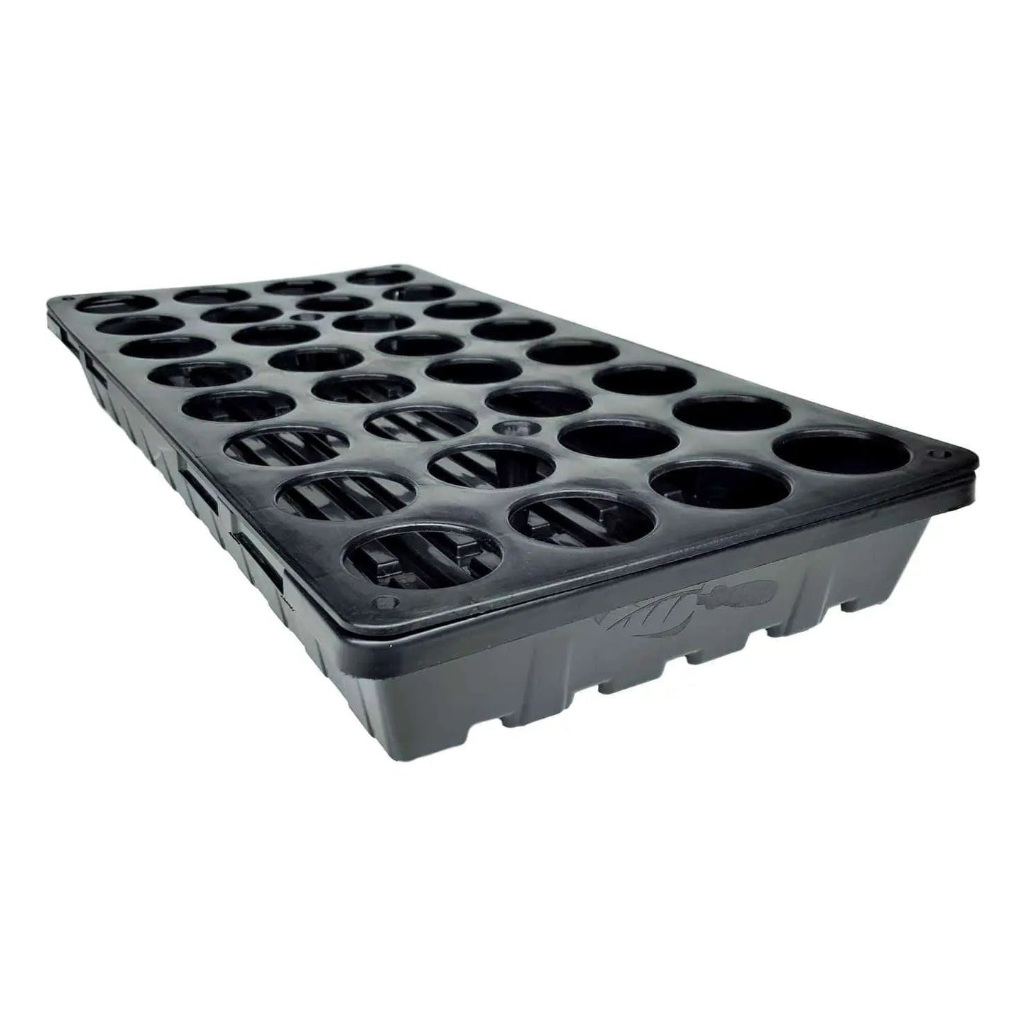 Plastic seedling tray showing thirty individual cells a ribbed base and a molded logo against a white background
