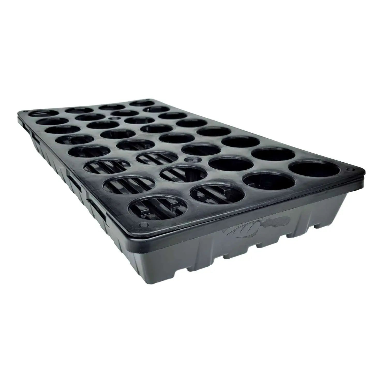 Plastic seedling tray showing thirty individual cells a ribbed base and a molded logo against a white background
