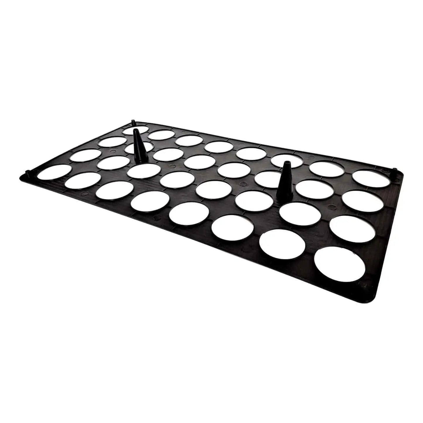 Plastic rectangular seedling tray with thirty-six circular cell inserts and three conical feet showing a black matte finish and uniform cell size
