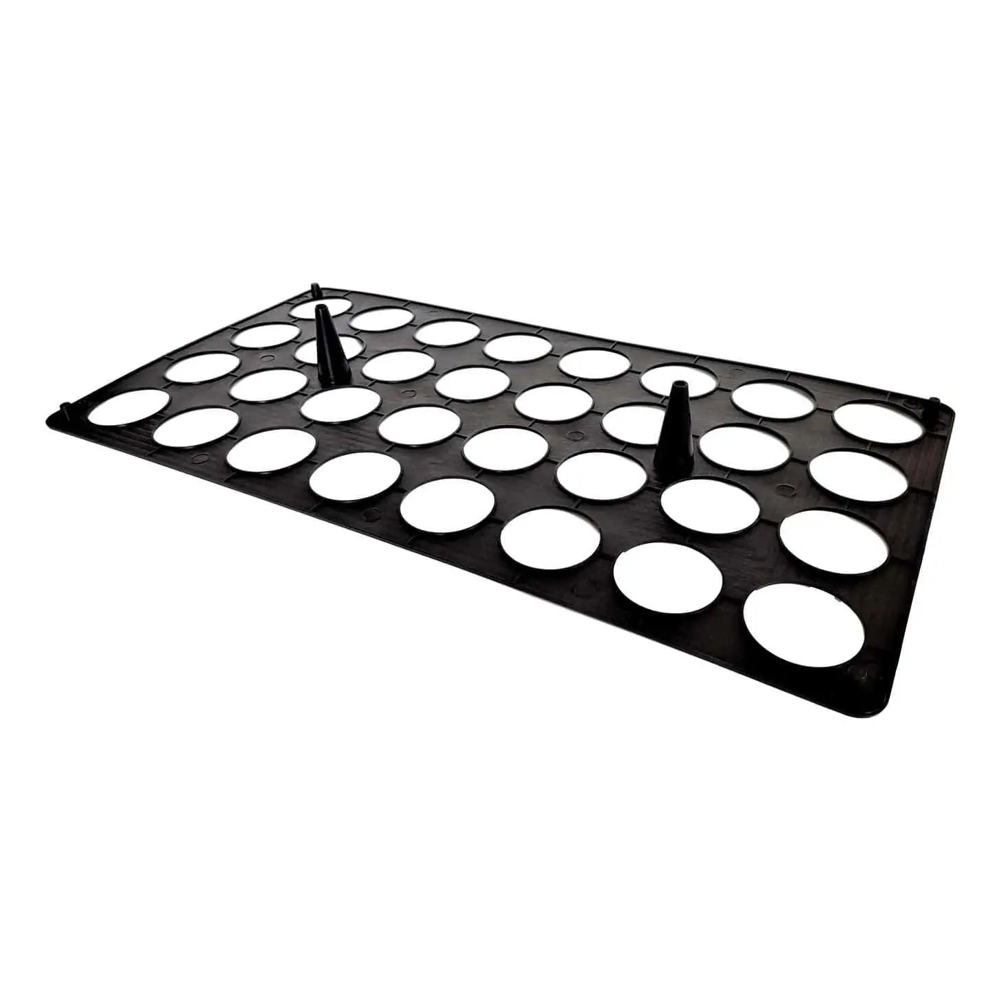 Plastic rectangular seedling tray with thirty-six circular cell inserts and three conical feet showing a black matte finish and uniform cell size
