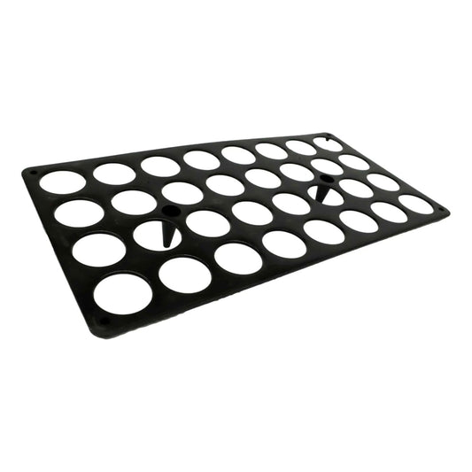 Plastic tray with thirty circular cutouts and two small feet ideal for organizing small items