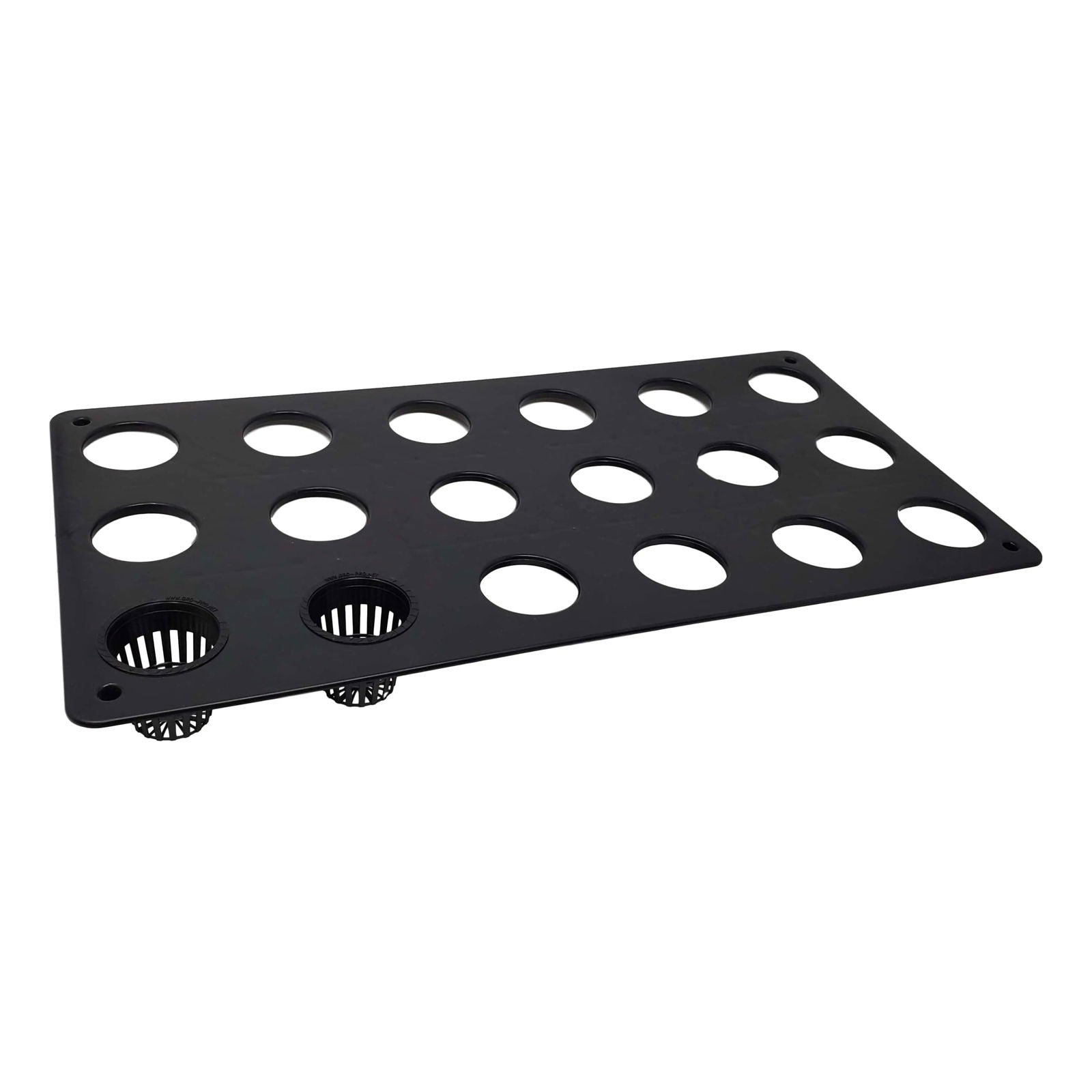 Black plastic hydroponic planting tray showing sixteen circular holes and three attached net pots with a textured surface and ridged design
