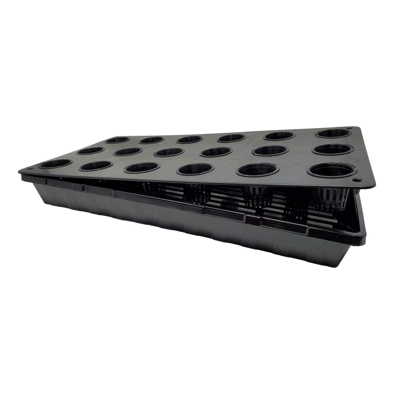 Plastic hydroponic grow tray with twenty-four net pots showing intricate detail, a black rectangular design and ribbed base for added stability

