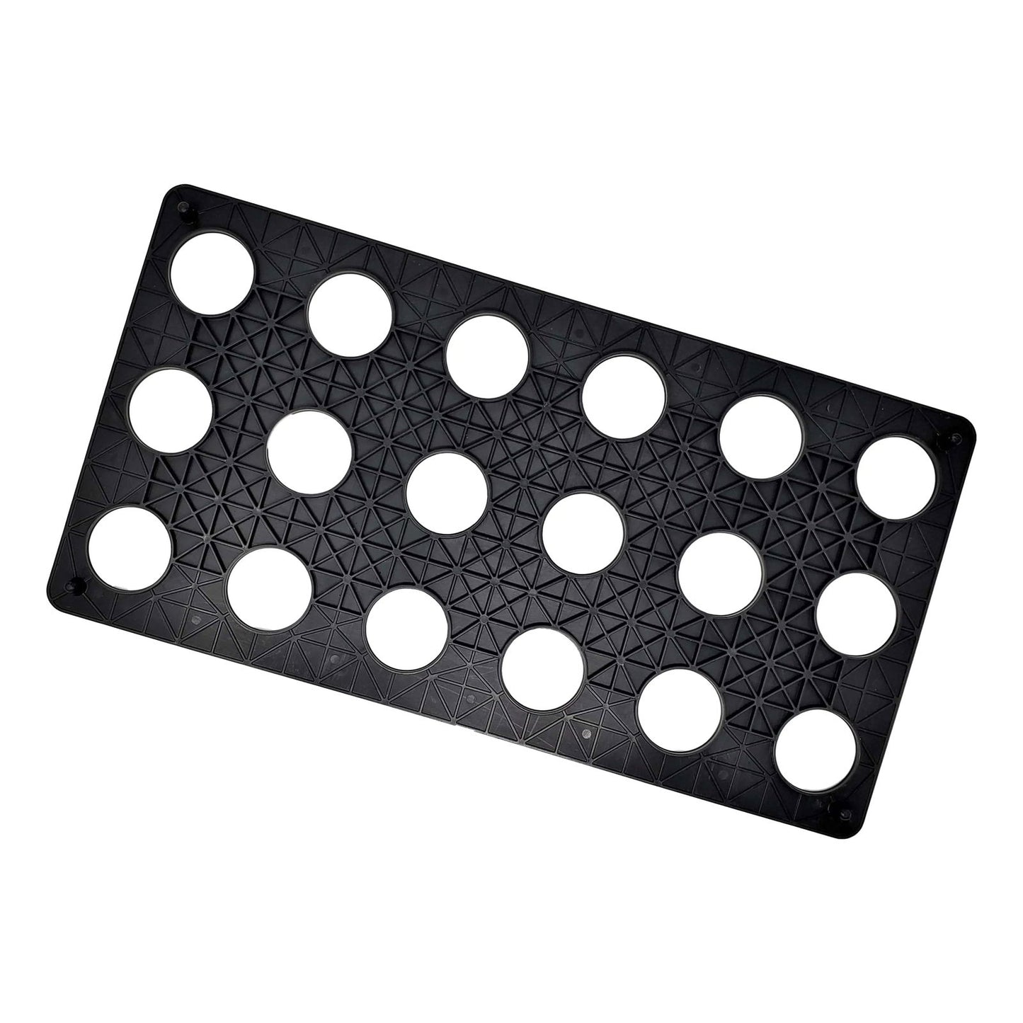 Plastic tray with fifteen circular holes a geometric triangular pattern and small black dots along the edges
