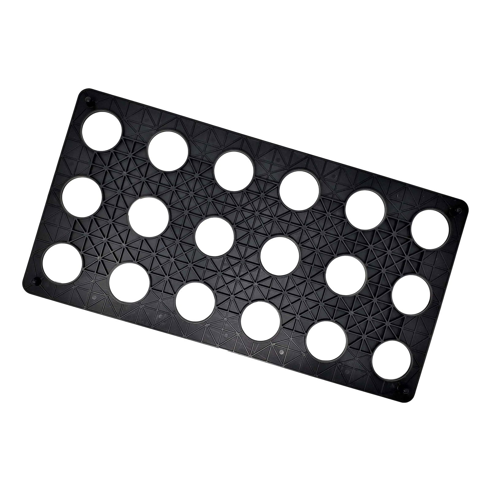 Plastic tray with fifteen circular holes a geometric triangular pattern and small black dots along the edges
