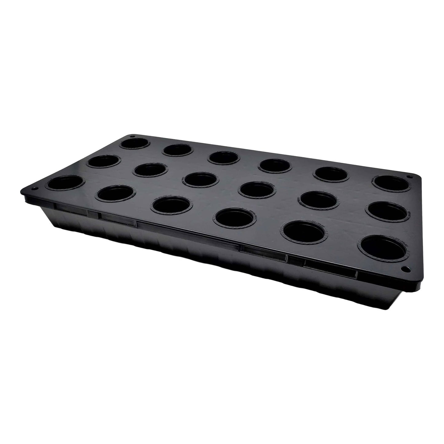Plastic rectangular tray with sixteen circular holes, ideal for planting or hydroponics, showing textured detail and a matte black finish
