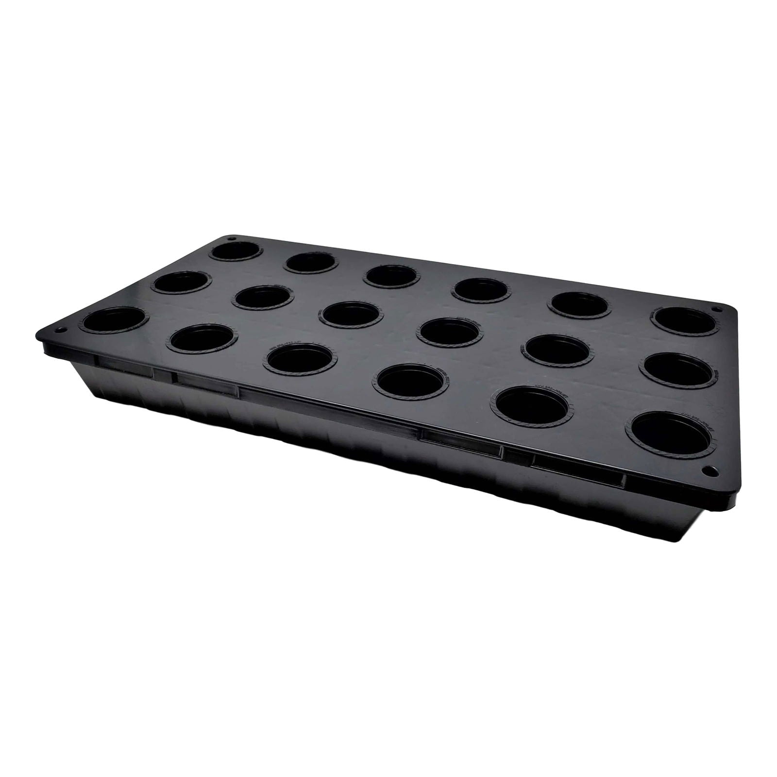Plastic rectangular tray with sixteen circular holes, ideal for planting or hydroponics, showing textured detail and a matte black finish
