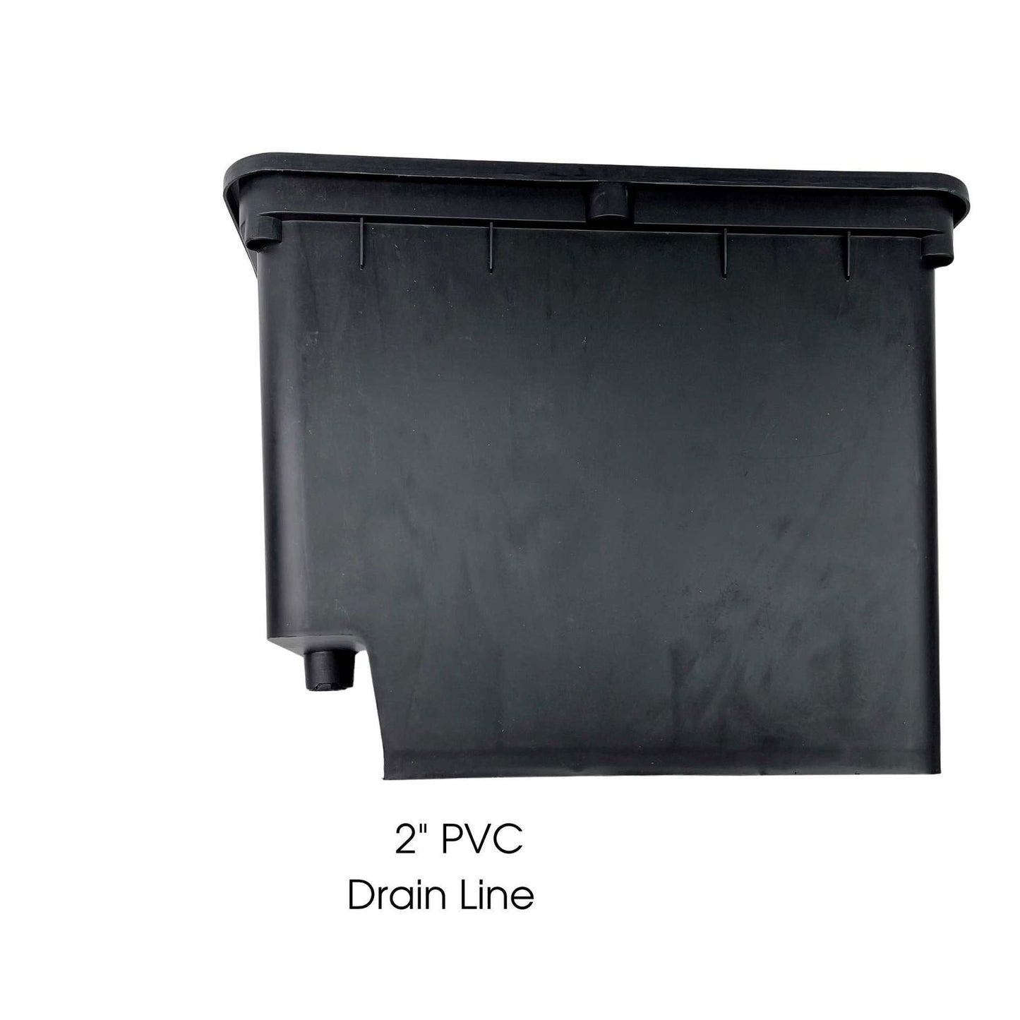 Product shot of a 2 inch black PVC drain line showing a matte finish and subtle texture with a visible end cap and molded details
