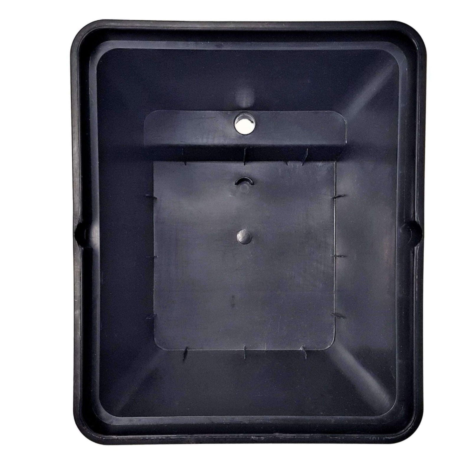Plastic product showing a dark grey rectangular shape with a recessed inner section featuring a central hole and smaller indentations along the edges