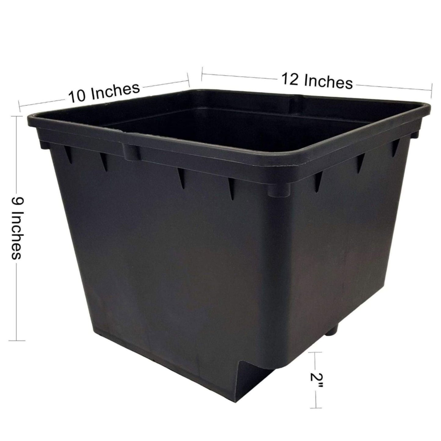 Plastic rectangular planter with dimensions 10x12x9 inches showing a matte black finish and slightly raised base
