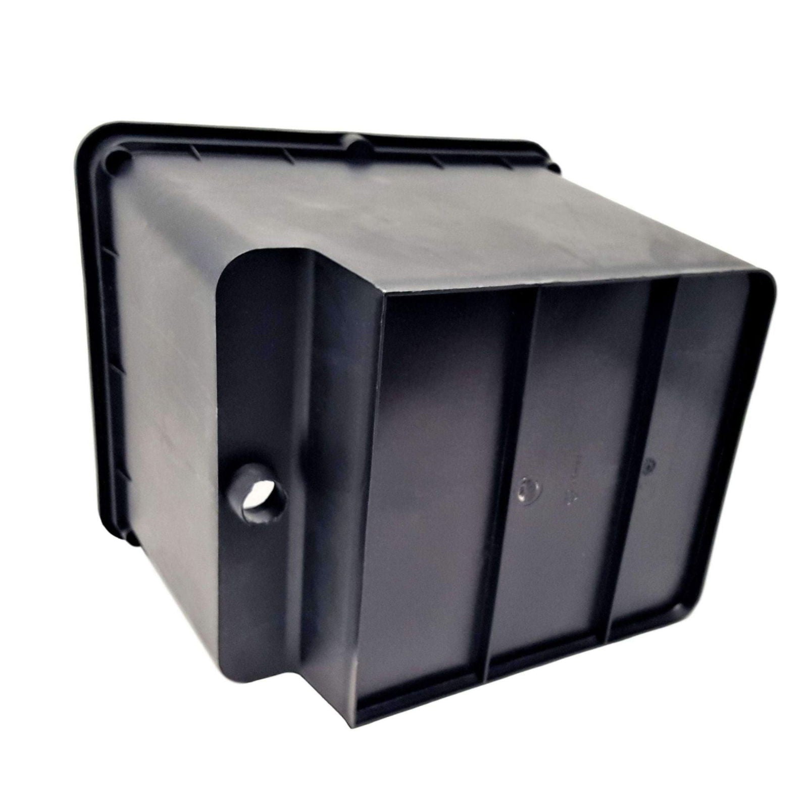 Plastic storage container showing a dark gray hue with a small hole and subtle molding details on a white background
