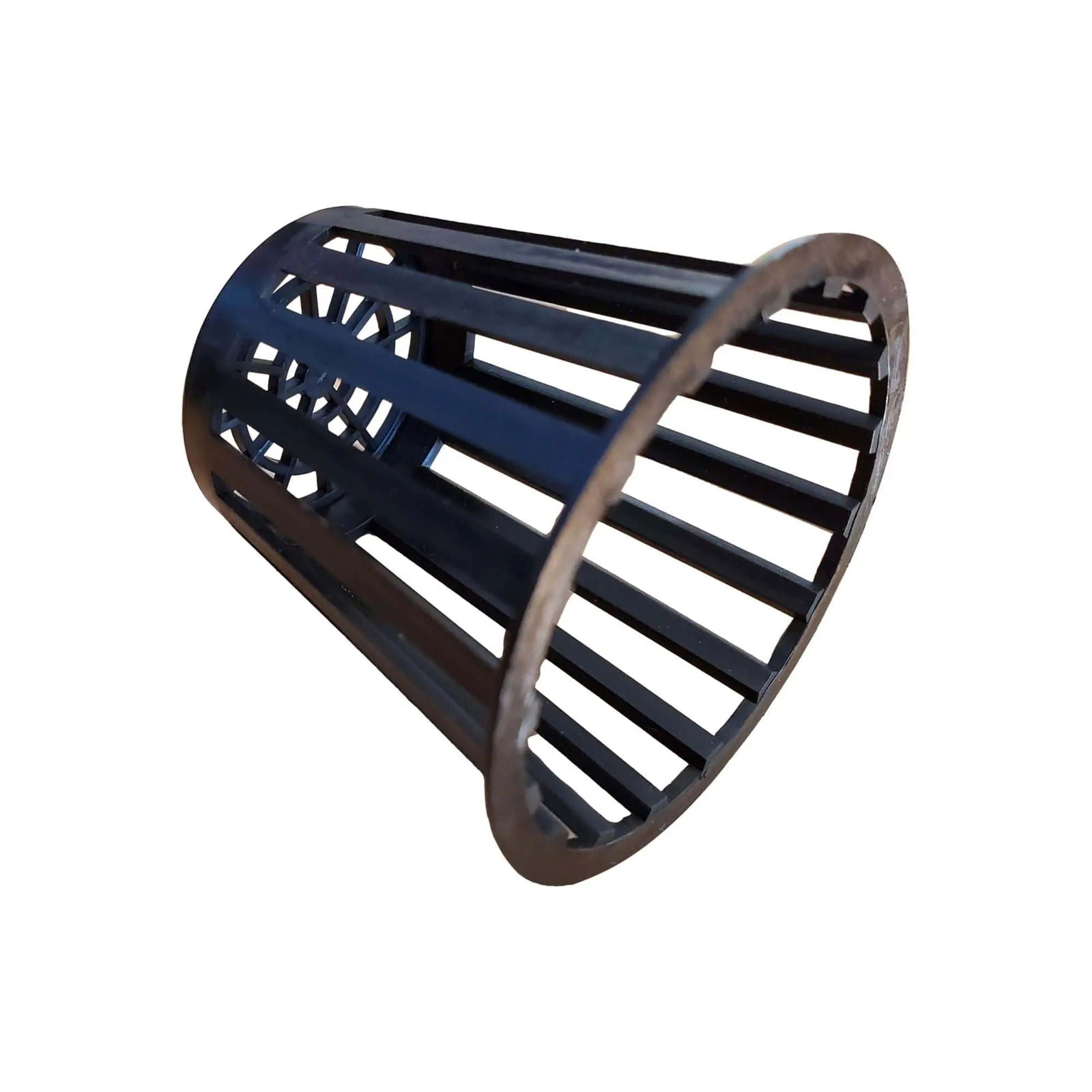 Plastic hydroponic net pot with vertical and circular openings showcasing its dark, matte texture and ribbed design
