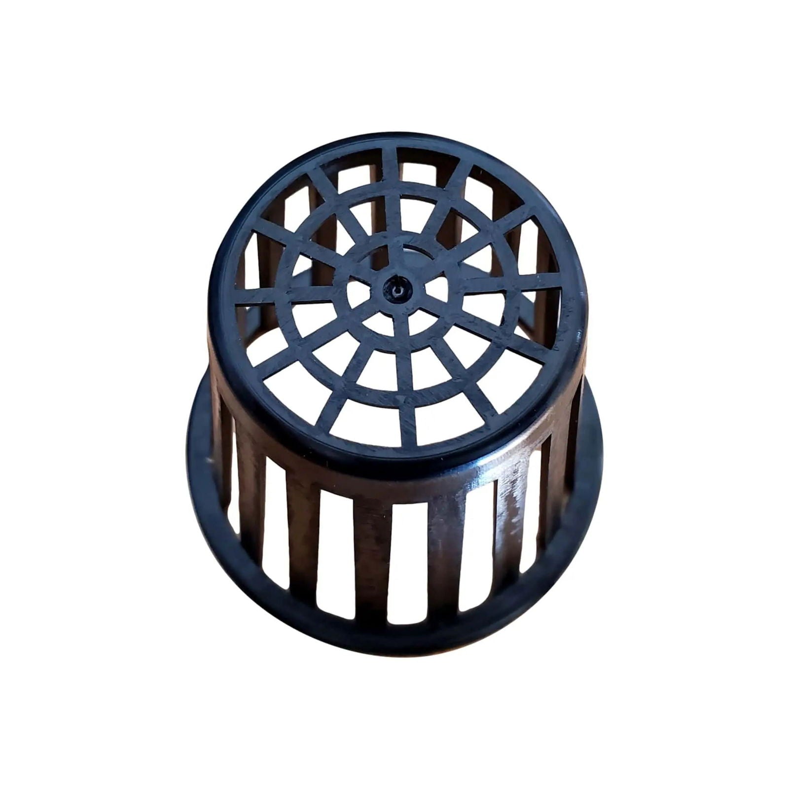 Plastic net pot for hydroponics featuring a circular top with radial cutouts and vertical slats a dark matte black finish and a small central hole
