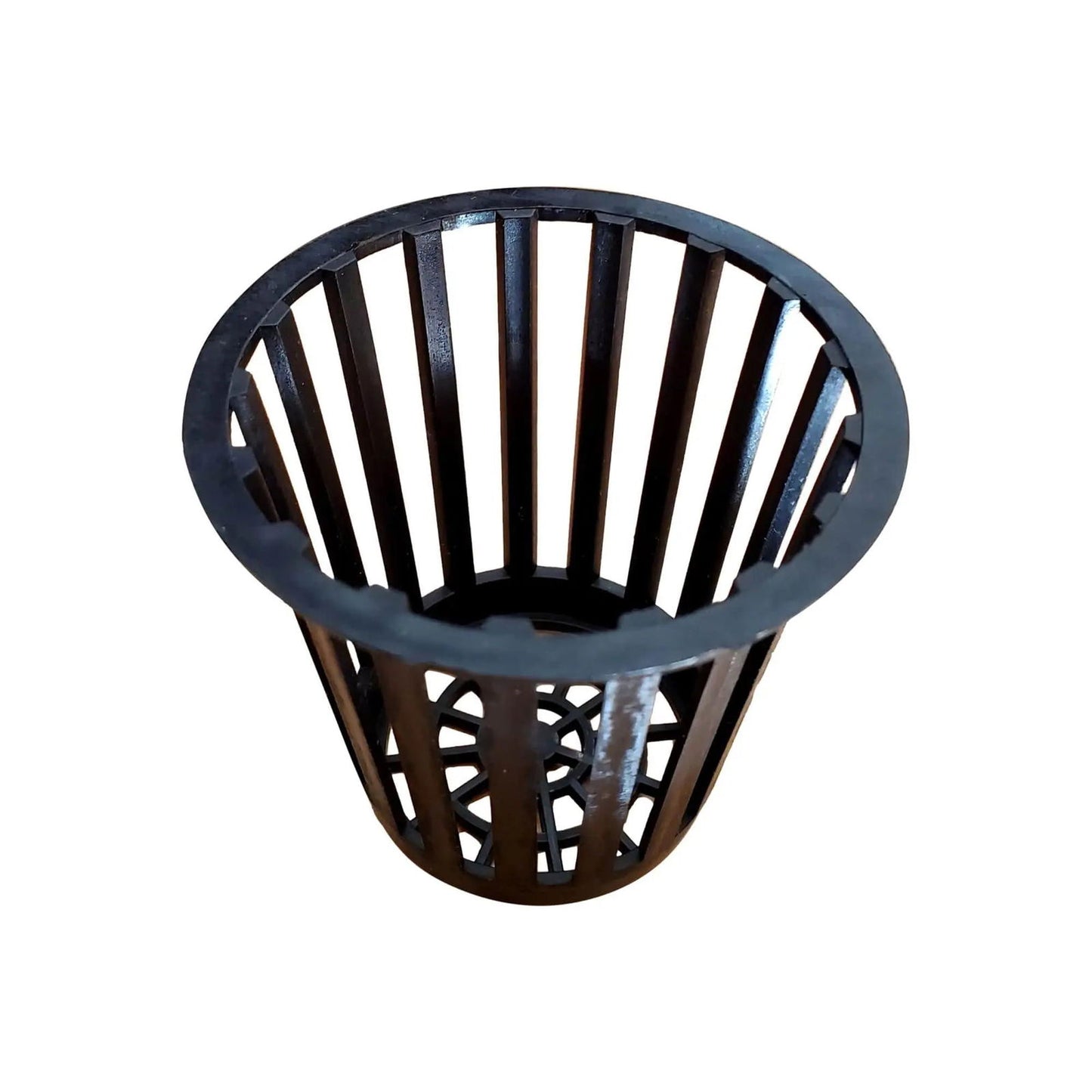 Plastic hydroponic net pot with vertical and radial ribs showing a textured bottom and a wide top
