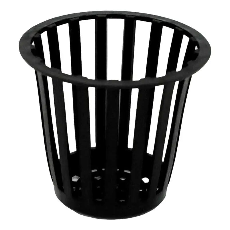 Plastic net pot for hydroponics gardening featuring a cylindrical shape with vertical slits and a perforated base showcasing its dark color and sturdy construction
