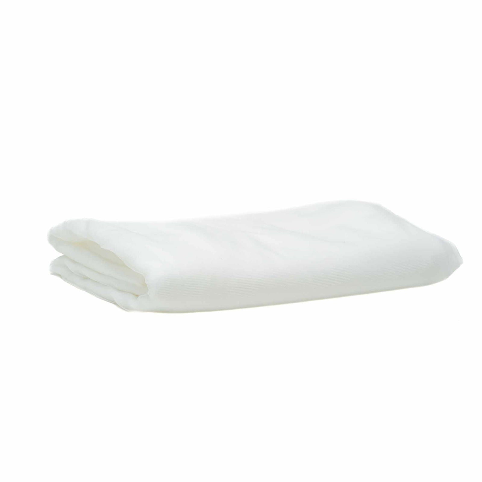 A folded white sheer fabric textile showing subtle texture and soft folds against a white background
