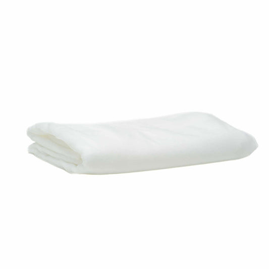 A folded white sheer fabric textile showing subtle texture and soft folds against a white background

