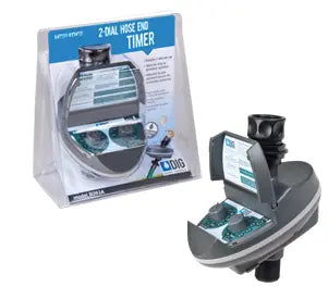 Product shot of a Dig 2-dial hose end timer featuring a gray and silver design and easy-to-read dials with clear instructions shown
