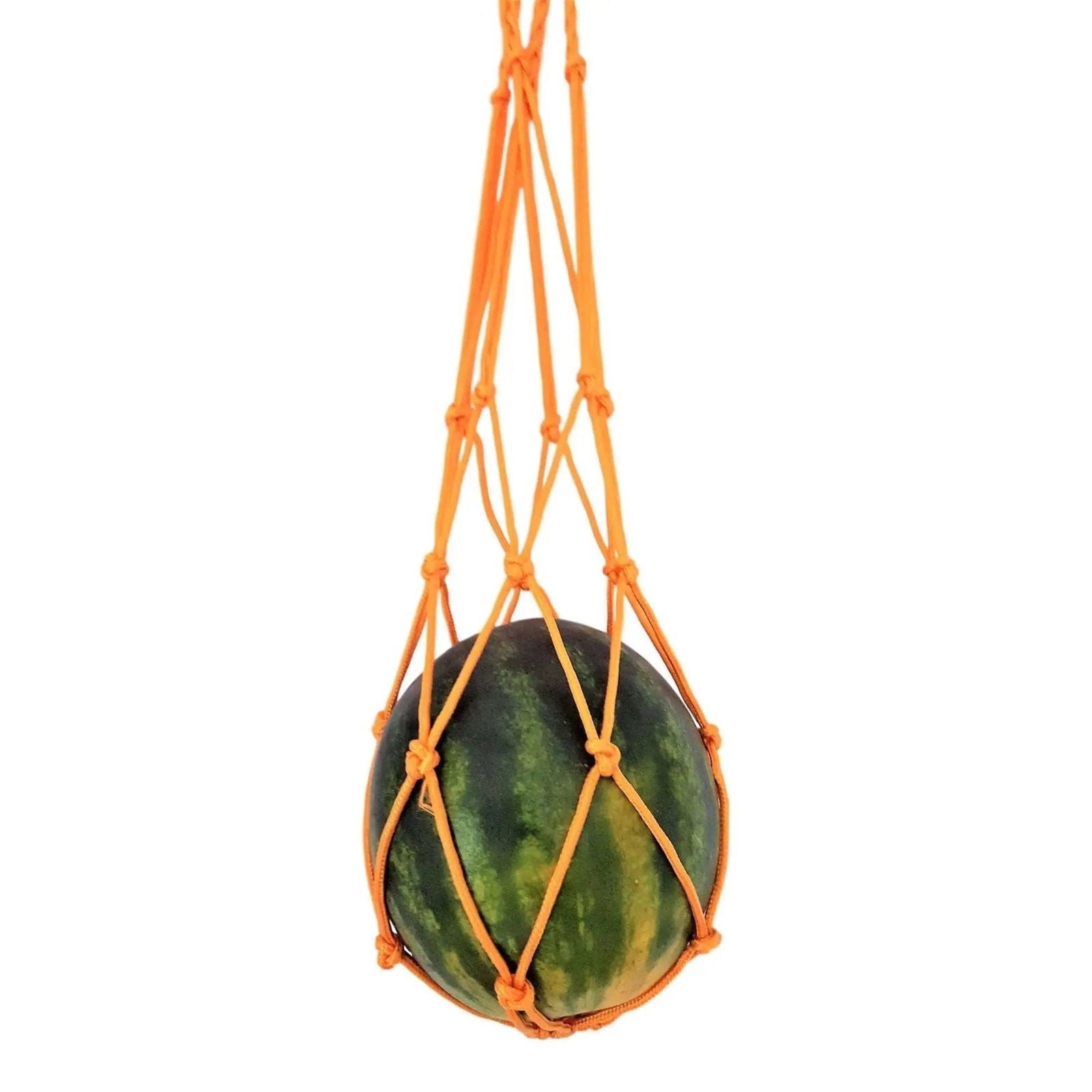Macrame artwork featuring a vibrant green and yellow watermelon in an orange string hammock against a white background.