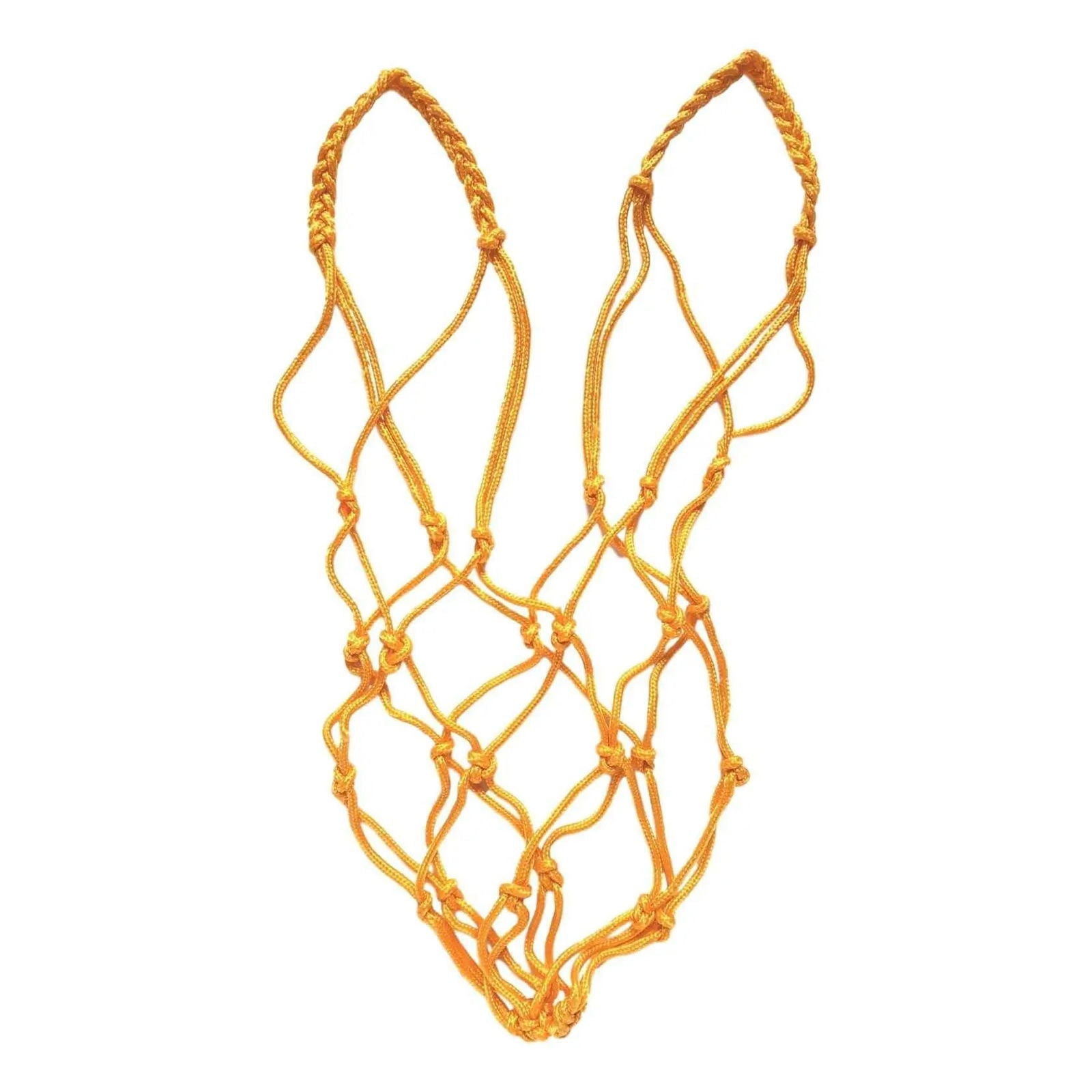 A golden yellow basketball net made of braided rope with intricate knotted details and a diamond pattern showcasing its strong and flexible design
