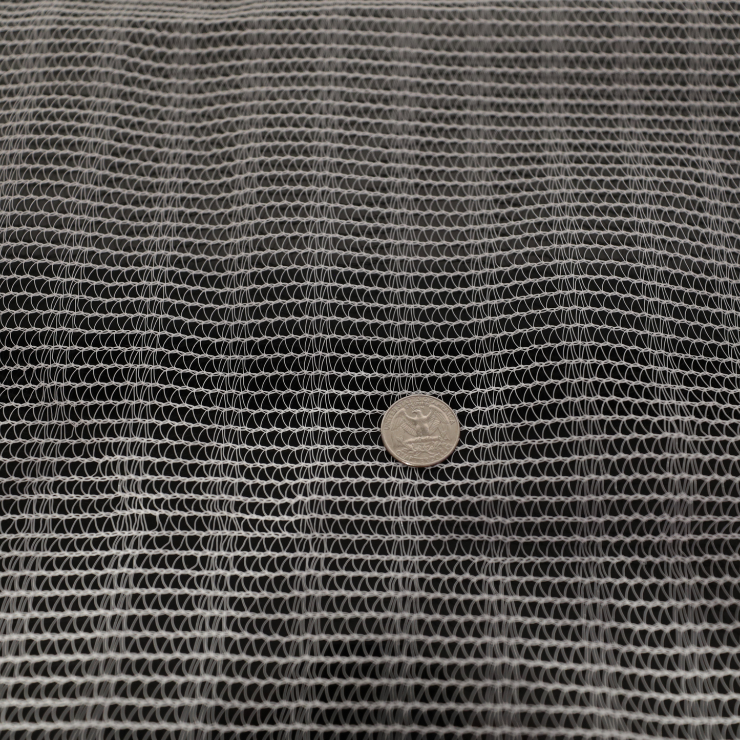 Photograph of a white quarter on a textured off-white net fabric with a repeating geometric pattern showing subtle shadows and highlights

