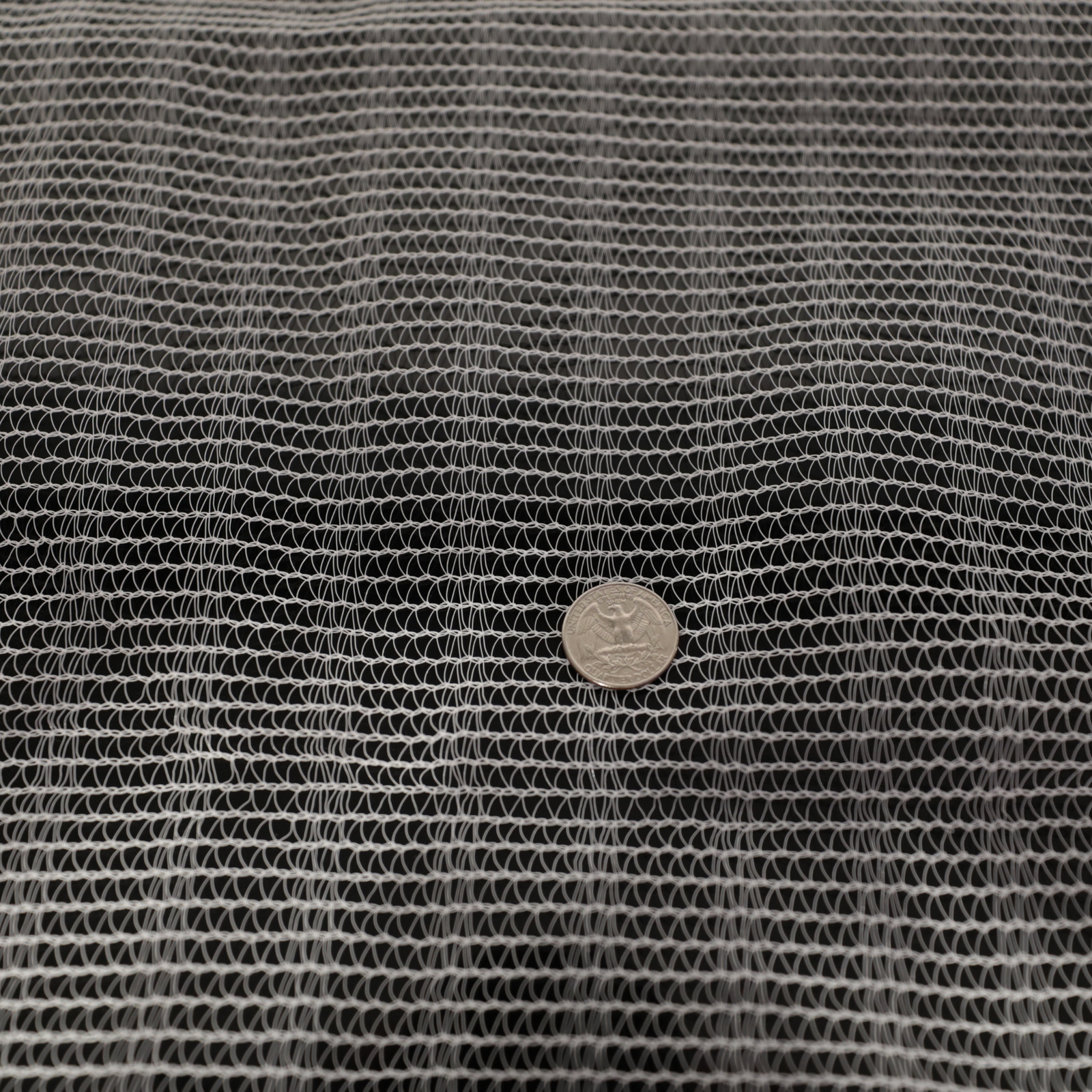 Photograph of a white quarter on a textured off-white net fabric with a repeating geometric pattern showing subtle shadows and highlights
